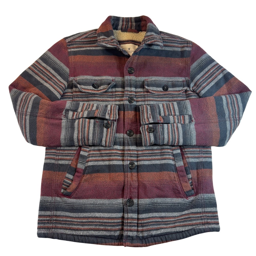 Y2K American Eagle Sherpa Lined Flannel‎ Shacket Striped Southwestern Men's M